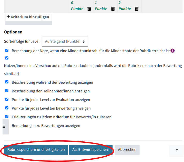 Eingekreist sind am Ende der erstellten Rubrik zwei Buttons nebeneinander: "Rubrik speichern und fertigstellen" und "Als Entwurf speichern“. Rechts daneben ist noch ein Button "Abbrechen".