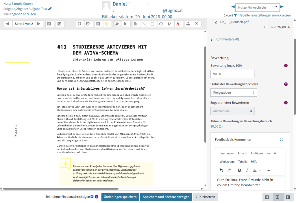 Es zeigt die Bewertung einer Abgabe mit allen Tools zur Bewertung aktiviert. Links ist ein Menü mit Bewertung Punkteeingabe, Status des Bewertungsworkflows, zugeordnete Bewerter:innen und einem Feld für einen Feedbackkommentar.