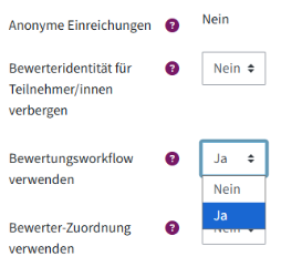 Das ist in den Einstellungen der Aktivität. Es zeigt, wie man den Bewertungsflow unter dem Menü Bewertung, Bewertungsflow verwenden im Drop-Down-Menü auf Ja stellt.