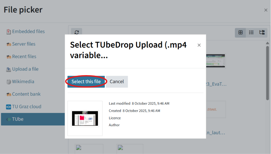 A video has been selected in the ‘TUbe’ menu and the ‘Select this file’ button is circled.