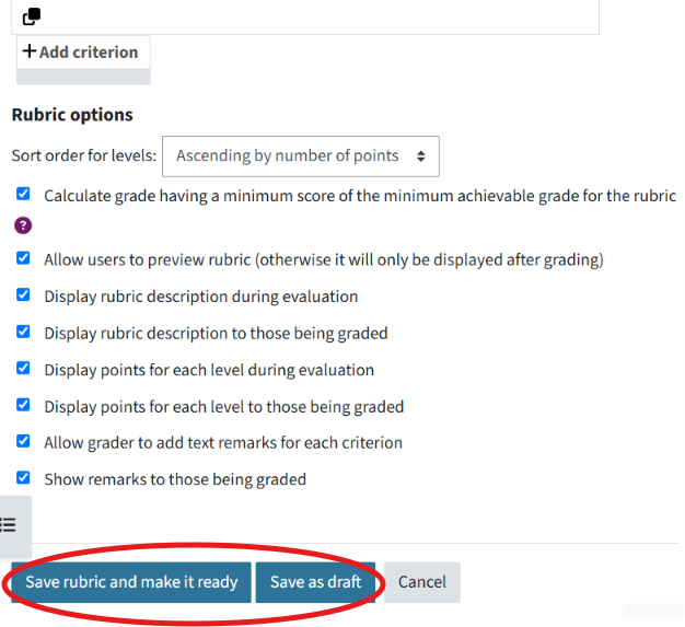 At the end of the rubric you have created, there are two buttons side by side, highlighted in a circle: ‘Save rubric and make it ready’ and ‘Save as draft’. To the right of these is another button labelled ‘Cancel’.