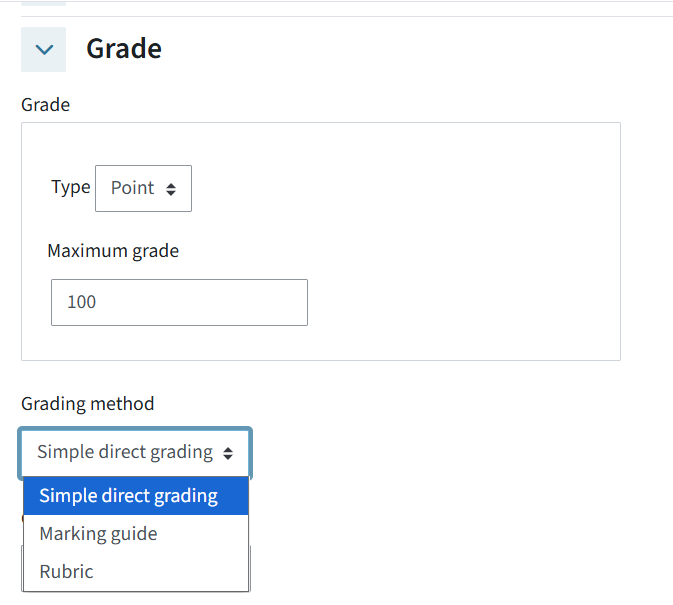 In the ‘Grade’ menu, a drop-down menu appears next to ‘Grading method’. The options available there are ‘Simple direct grading’, ‘Grading guidelines’ and ‘Rubric’.