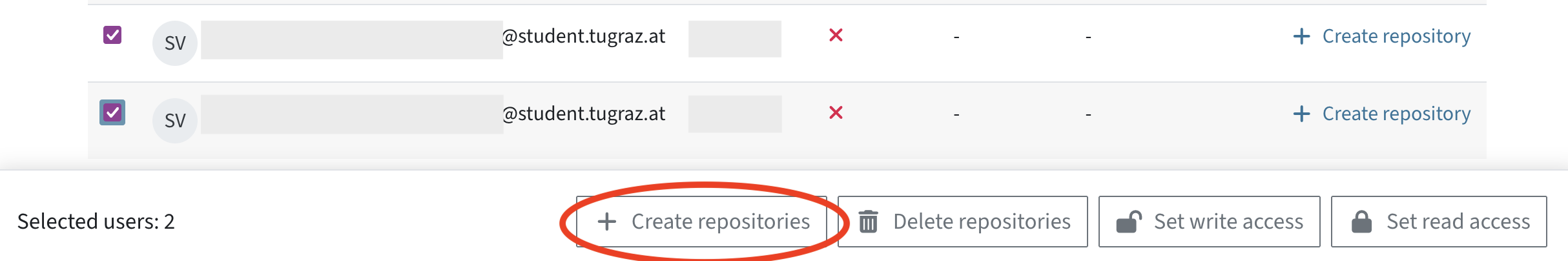 Table with two students checked and the selected users menu below. The create repositories button is highlighted.