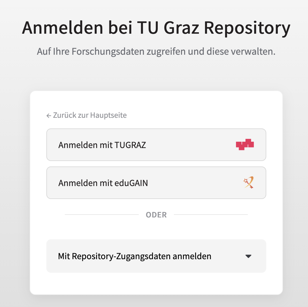 Anmelden im TU Graz Repository mit TU Graz-Account, eduGain oder speziellen Repository-Zugangsdaten