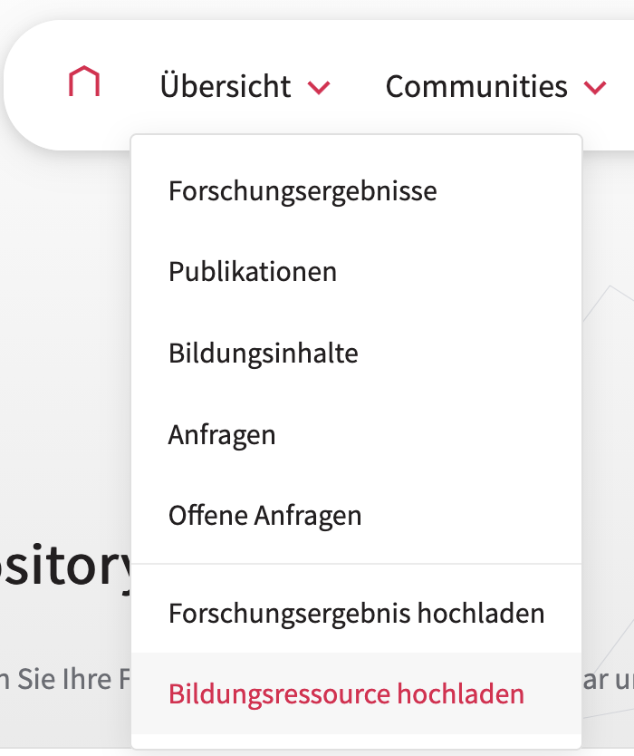 Ausgeklapptes Menü Übersicht mit 7 Einträgen: der letzte Punkt Bildungsressource hochladen ist markiert.
