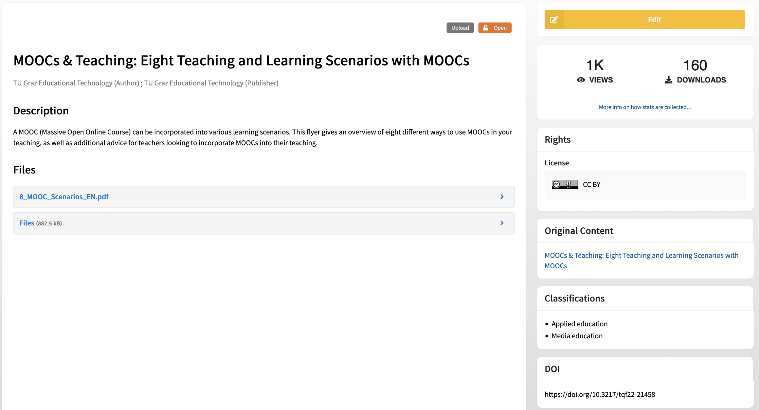 Overview page of your own uploaded OER: in the main part, there is the title, description and the files. On the right, there is a button to edit the file, the number of views, the licence, the source, ÖFOS classifications and your DOI.