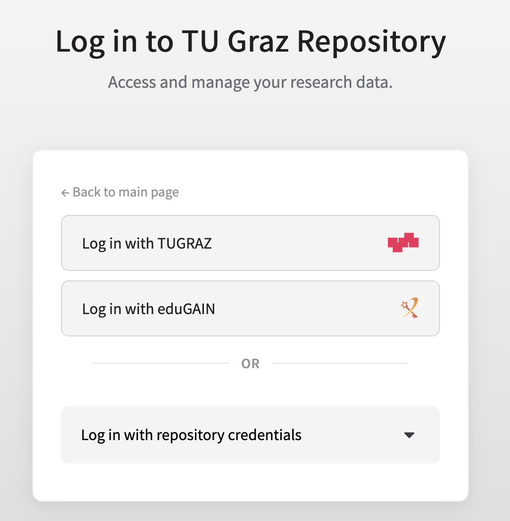 Login page of TU Graz repository. Log in with TU Graz account, eduGAIN or special repository credentials