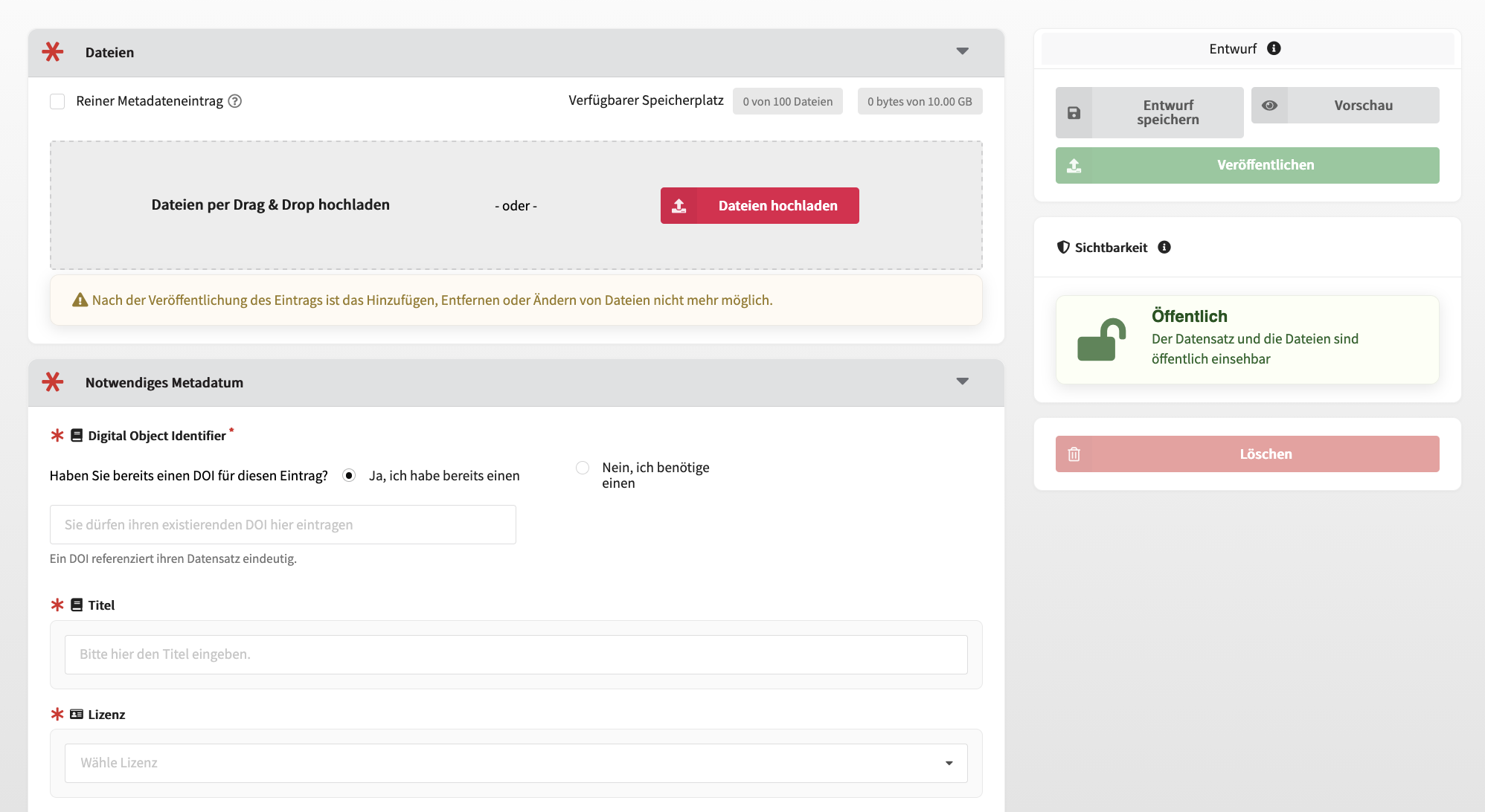 Hochlade-Seite mit unterschiedlichen Eingabemasken für Dateien, DOI, Titel, Lizenz etc. Rechts sind Buttons zum Veröffentlichen und Speichern.