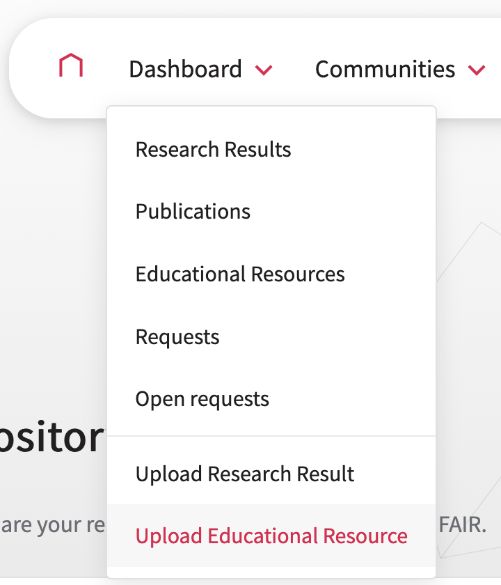 The Dashboard dropdown menu is open. It contains 7 items, the last one is Upload Educational Resource and is highlighted.