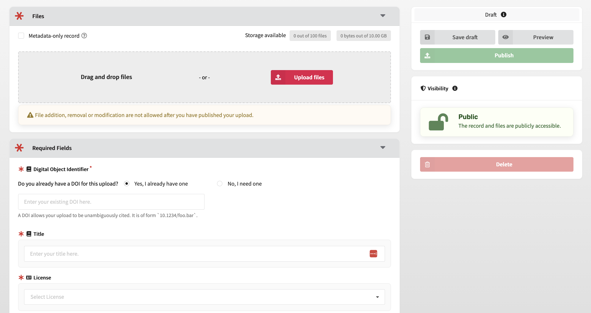 The interface to upload OER, which contains several types of input fields for files, DOI, title, licence etc. On the right, there are buttons to save and publish.