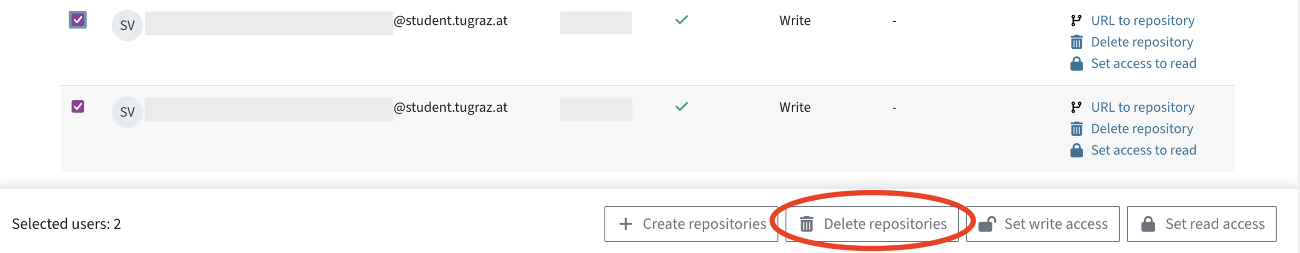 The table of students, two students are checked, with the selected users menu below. The Delete repositories button is highlighted.