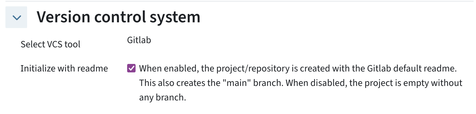 Menu section Version control system: the checkbox initialise with readme selects whether the project is created with a default readme.