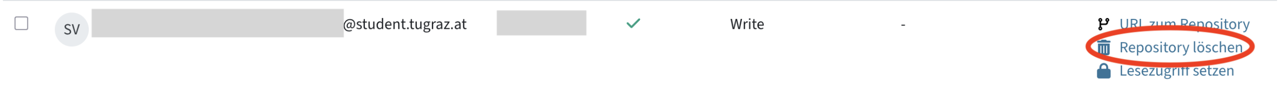 Eine Zeile in der Tabelle mit Studierenden. Repository löschen in der letzten Spalte ist markiert.