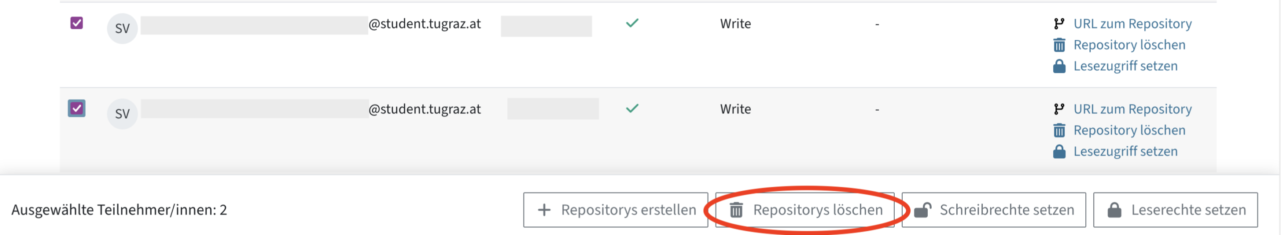 Tabelle mit Studierenden, zwei Personen sind markiert. Unter der Tabelle ist das Menü Ausgewählte Teilnehmer/innen. Der Button Repositorys löschen ist markiert.