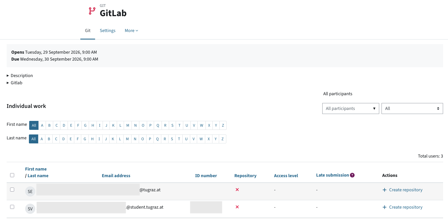 Overview of the Git activity: Three menus Git, settings and more. Below this, the opening and due date, a description, and then a list of participants with filter options