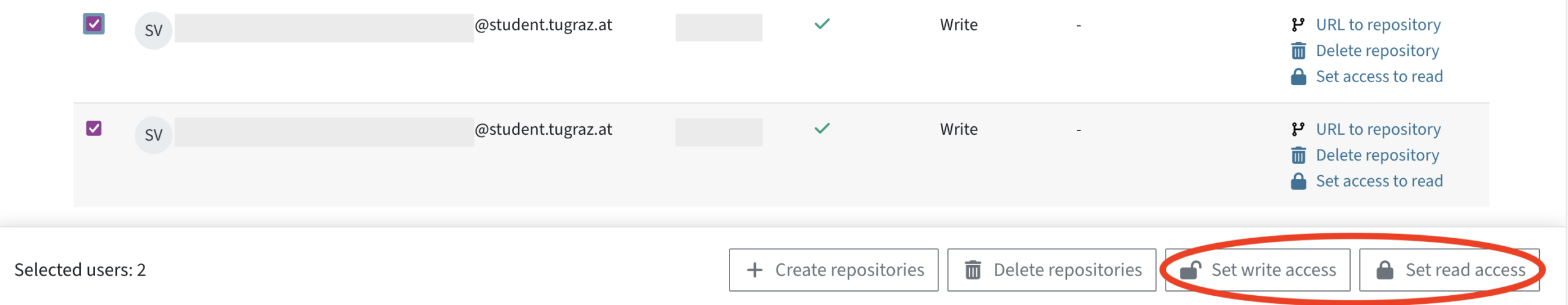 The table of students. Two students are checked. Set write access and set read access are highlighted in the Selected users menu below the table.
