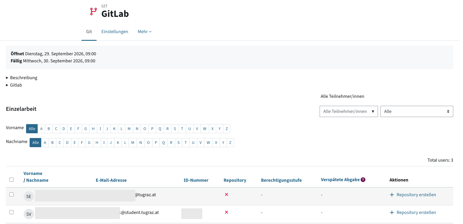 Überblick über Git-Aktivität: drei Reiter Git, Einstellungen und Mehr. Darunter das Öffnungs- und Fälligkeitsdatum und eine Beschreibung. Dann eine Liste der Studierenden mit Filteroptionen.