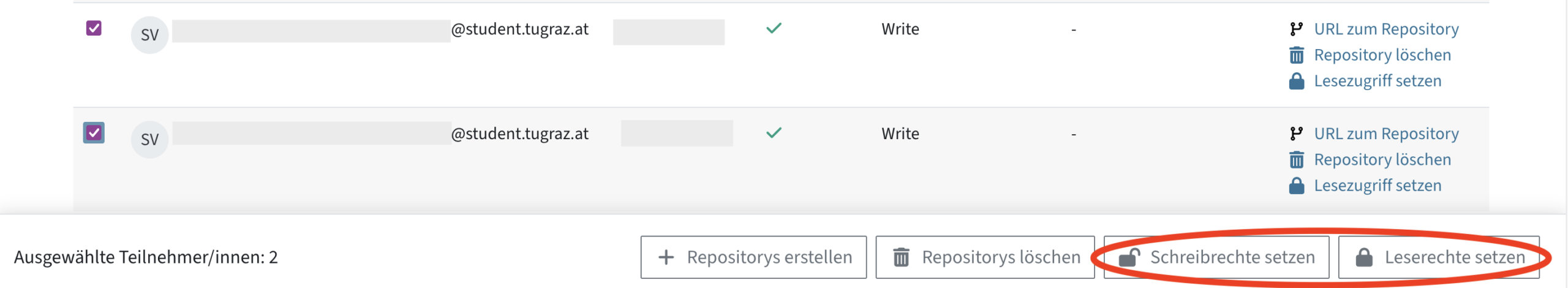 Zwei Studierende in der Tabelle sind markiert. Im Menü Ausgewählte Teilnehmer/innen unter der Tabelle sind die Buttons Schreibrechte setzen und Leserechte setzen markiert.