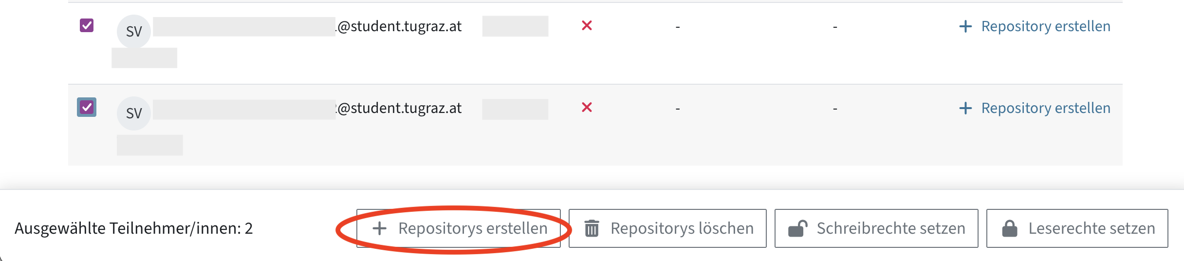 Tabelle mit Studierenden, zwei Personen sind markiert. Unter der Tabelle ist das Menü Ausgewählte Teilnehmer/innen. Repositorys erstellen ist markiert.