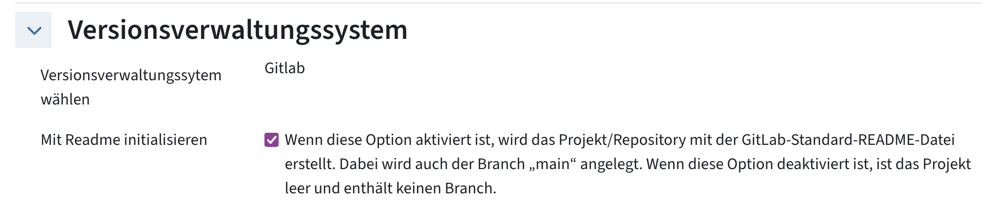 Menüpunkt Versionsverwaltungssystem: Die Checkbox mit readme initialisieren legt fest, ob das Projekt mit einer Readme-Datei erstellt wird.