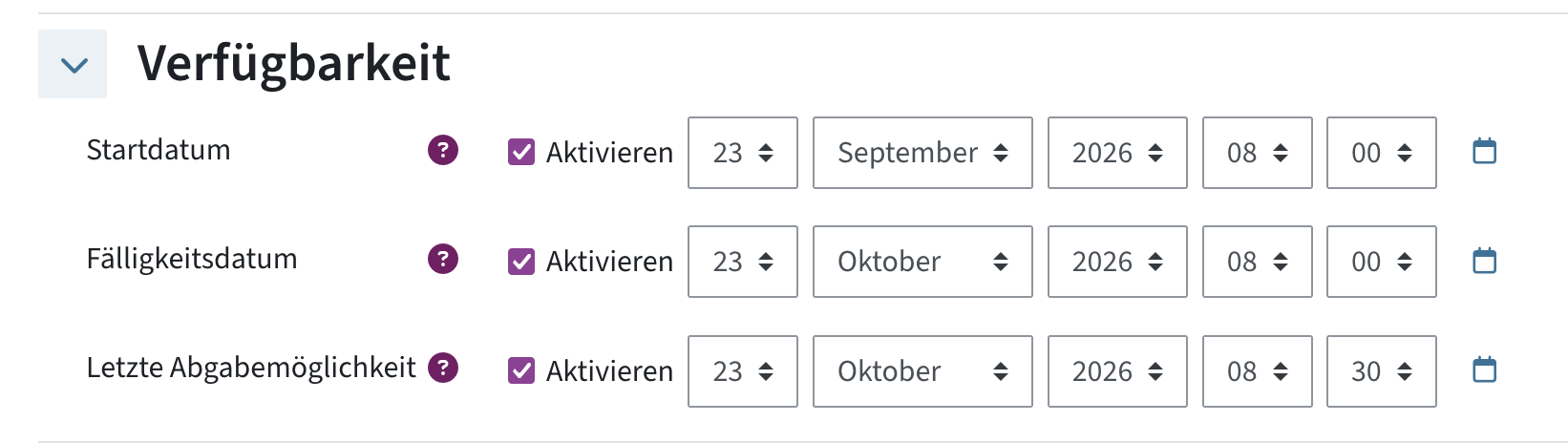 Start, Fälligkeit und letzte Abgabemöglichkeit einstellen