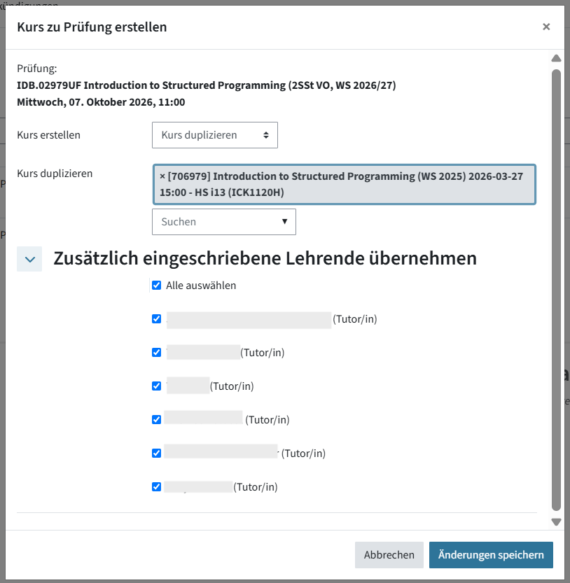 Nach dem Auswählen, welcher Kurs dupliziert werden soll, können zusätzlich eingeschriebene Lehrende mit Checkboxen gewählt werden