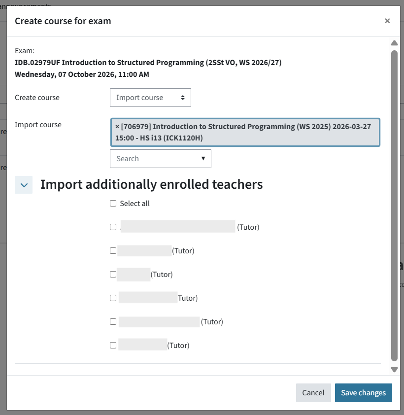 After choosing a course to import, you can select which manually enrolled teachers you want to enrol