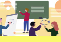 Ilustration von Studierenden, die aktiv arbeiten: sie zeichnen, kommunizieren, lesen